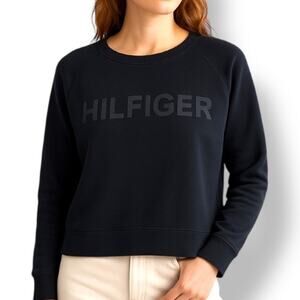 Tommy Hilfiger Sport Black Logo Sweatshirt Boxy Cropped Crewneck XL Cozy Lounge